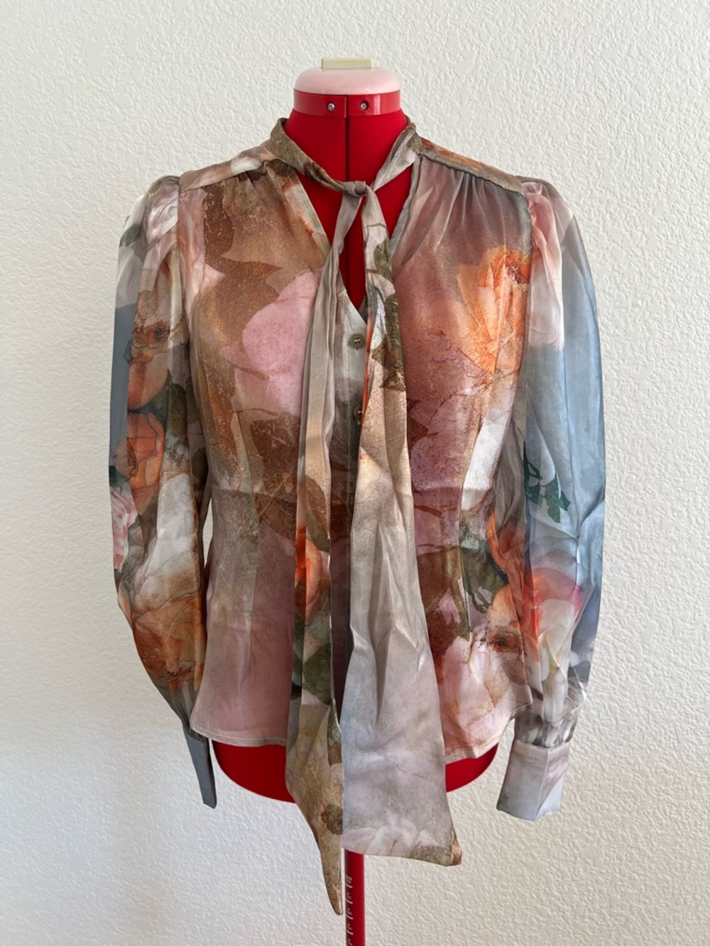 AKIRA Floral Sheer Tie-Neck Blouse Button Up Small